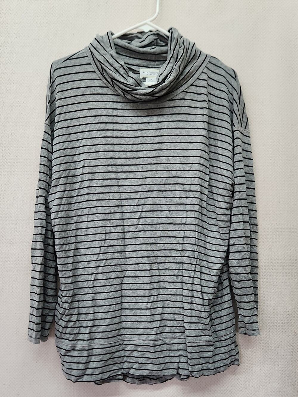 Liz Claiborne Gray Striped Cowl Neck Long Sleeve Top